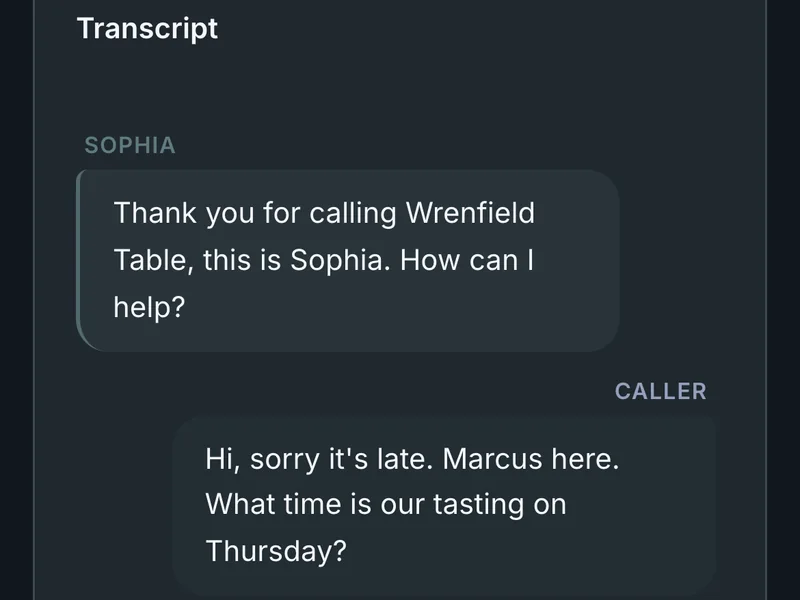 A phone screen: the transcript of a call late in the evening. Sophia answers in the business’s name, then the caller asks a question.
