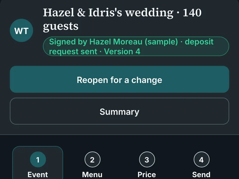 A phone screen: the order on the desk — the wedding for 140 guests, its status line and its version, and the way to reopen it for a change.