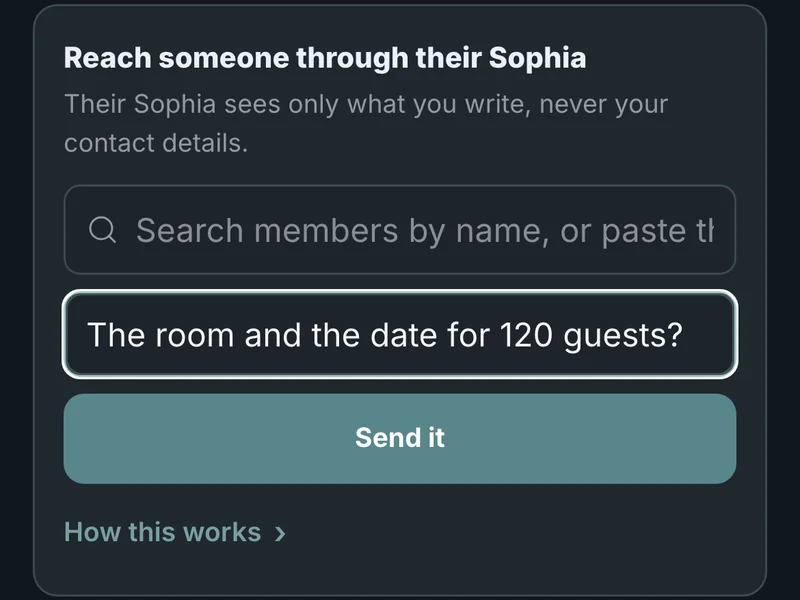 A phone screen: Sophia to Sophia. One line typed for the venue, about the room and the date for 120 guests, and its Send button.