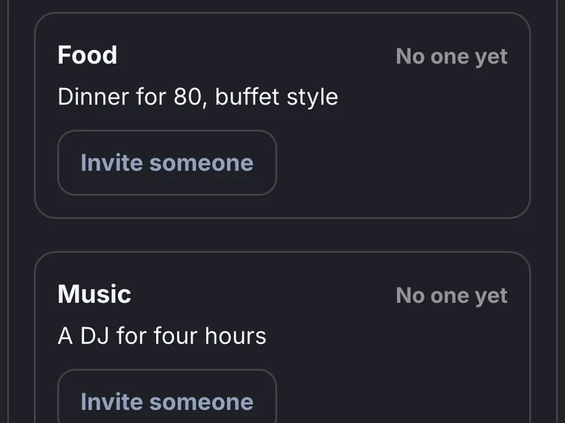 A phone screen: the project’s needs, each on its own card — Food, dinner for 80, buffet style, and Music, a DJ for four hours. No one yet on either.