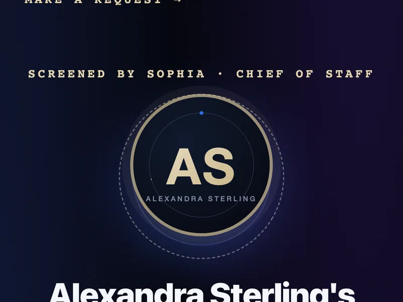 A phone screen: the public gate page of a made-up person — their name, the line that says to reach them through Sophia, and what she screens before anything reaches them.