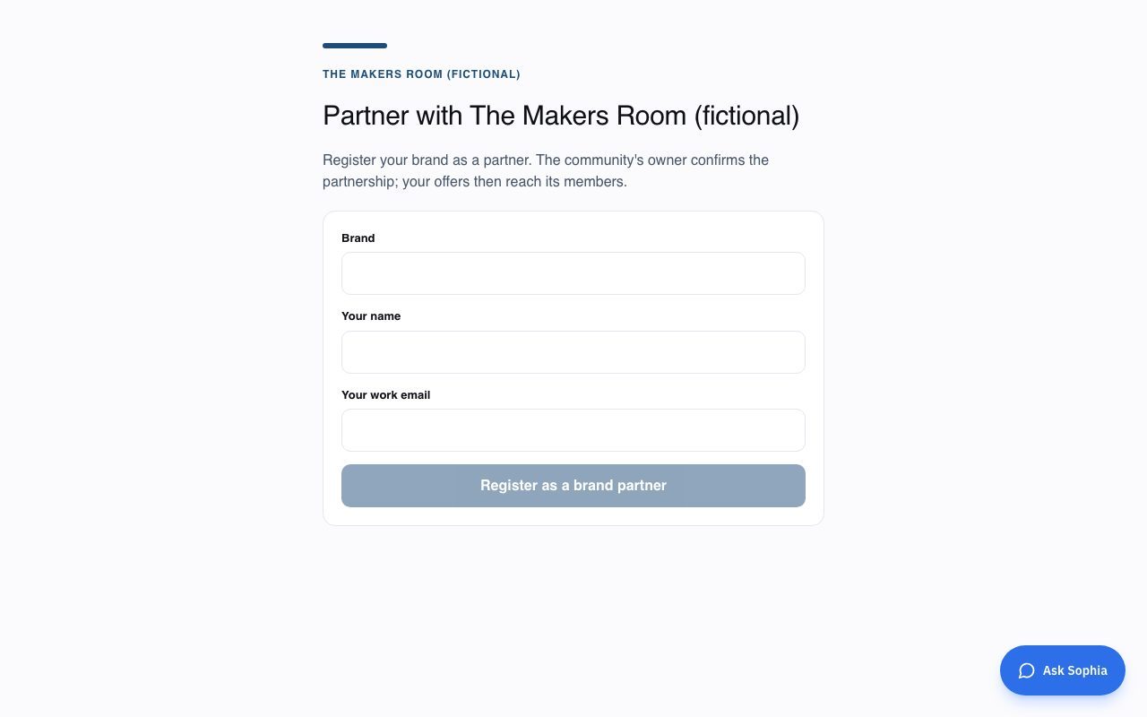 The brand partners door: Where brand partners ask to be admitted, and the community decides. An admitted brand partner lists inside the Square of the office.