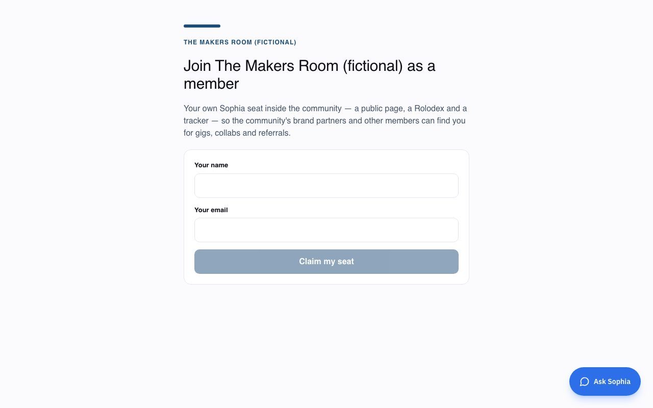 The members door: Where members of The Makers Room (fictional) claim a seat in its name. A member passes the same door along from their own card.