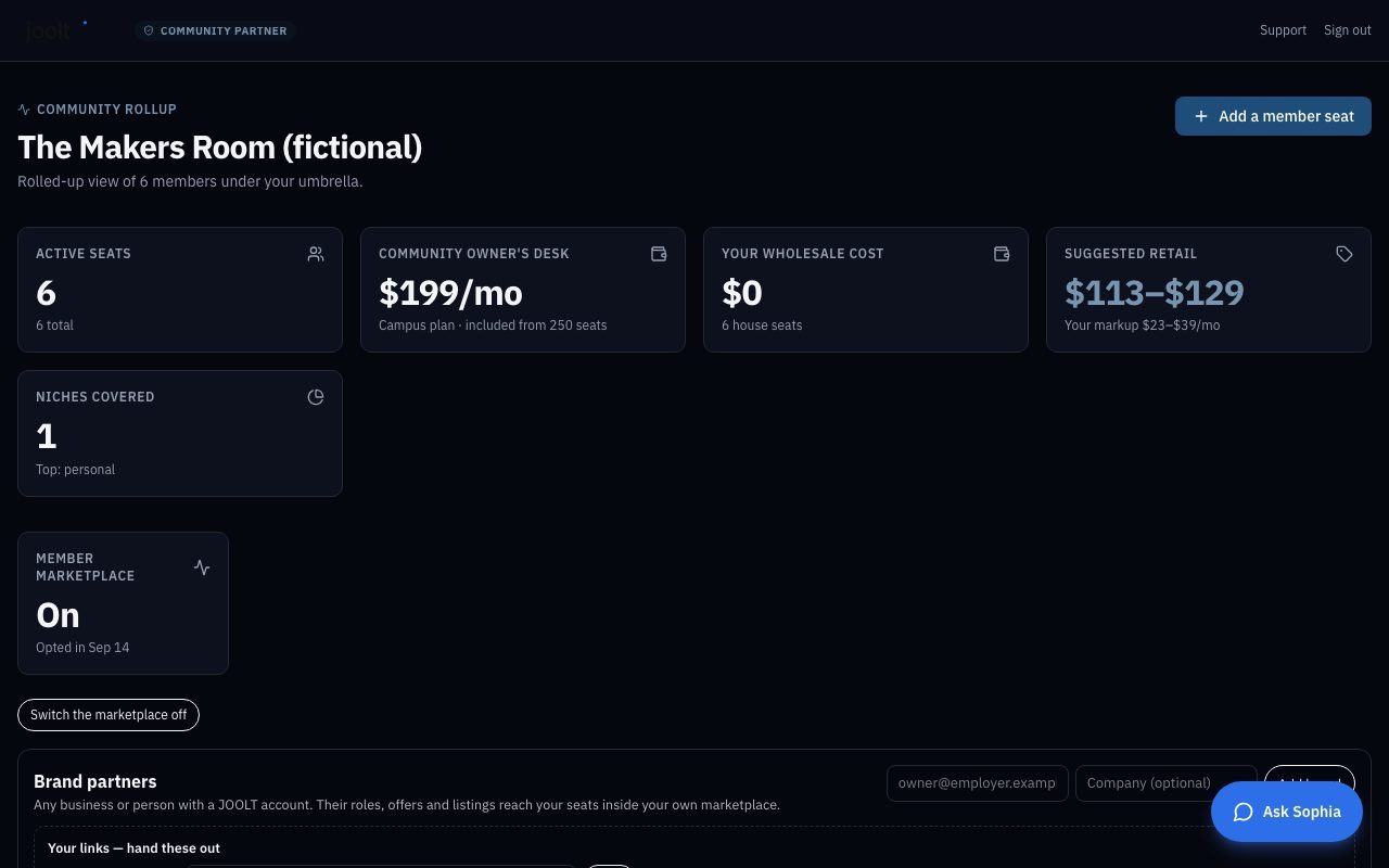 Community owner's desk: Community rollup: every member seat issued in the name of The Makers Room (fictional). The members roster: pause, resume or remove a seat to update your billed seats. The brand partners, the brand and the billing, on one screen.