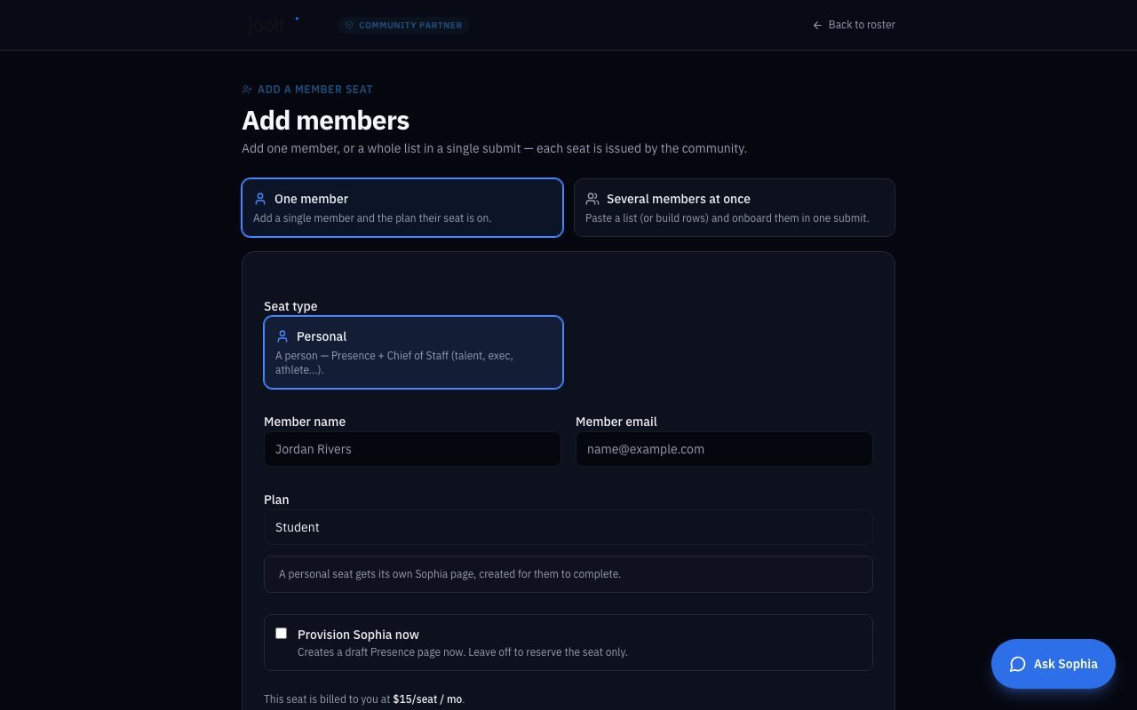 Add a member seat: A member seat in the name of the office. By an invitation link members pass along, or one at a time. Every seat is billed to the office on its plan.