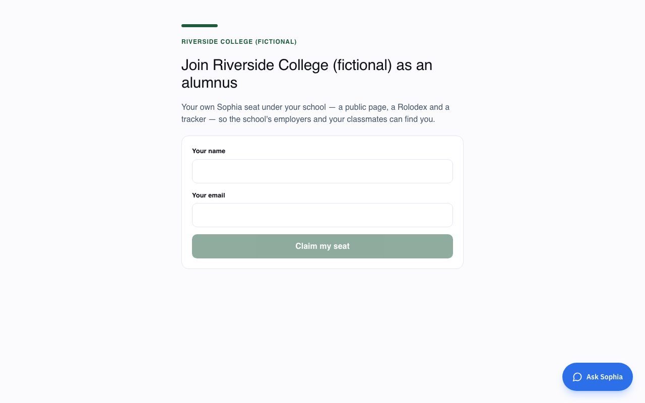 The alumni door: Where alumni of Riverside College (fictional) claim a seat in its name. A fellow alum passes the same door along from their own card.