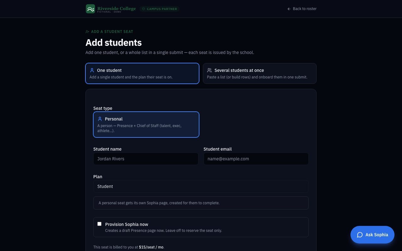 Add a student seat: A student seat in the name of the office. By an invitation link fellow alums pass along, or one at a time. Every seat is billed to the office on its plan.