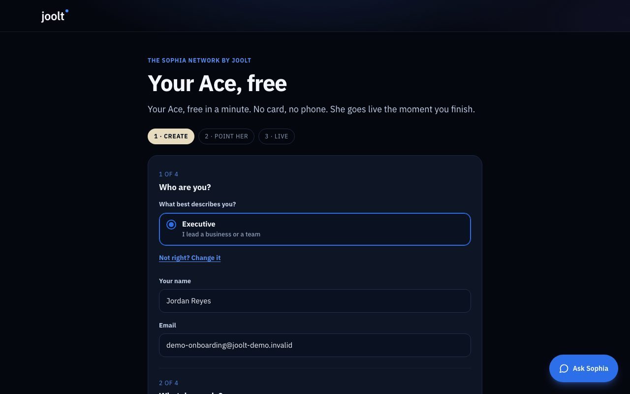 Create: A free representative in a minute. No card, no phone. She goes live the moment you finish.