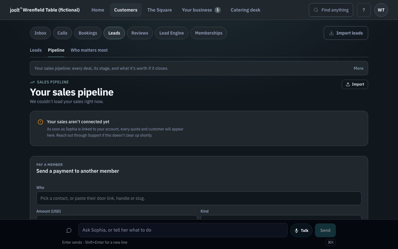 Pipeline: Your sales pipeline: every deal, its stage, and what it's worth if it closes.