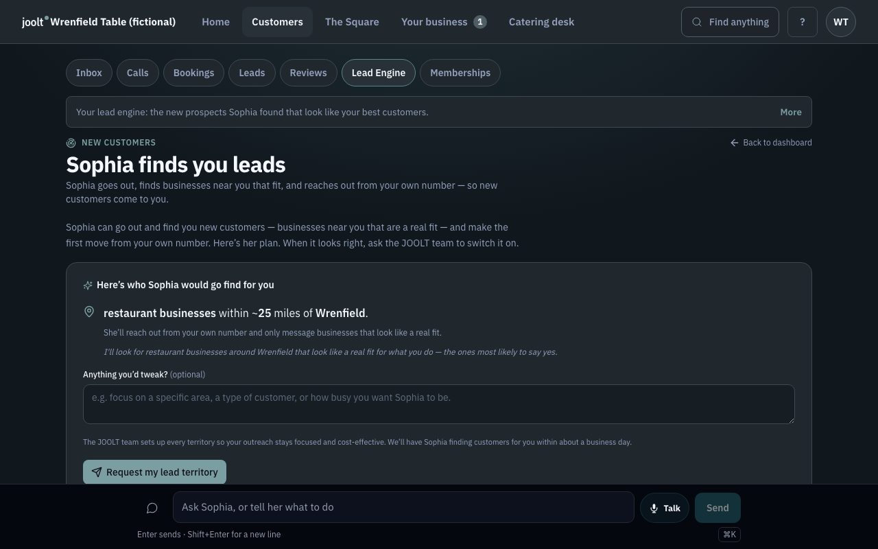 Lead Engine: Your lead engine: the new prospects Sophia found that look like your best customers.