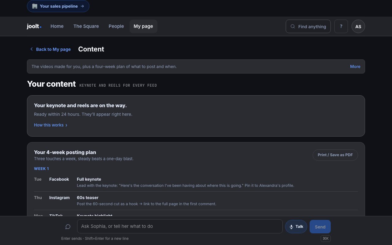 Content: The videos made for you, plus a four-week plan of what to post and when.