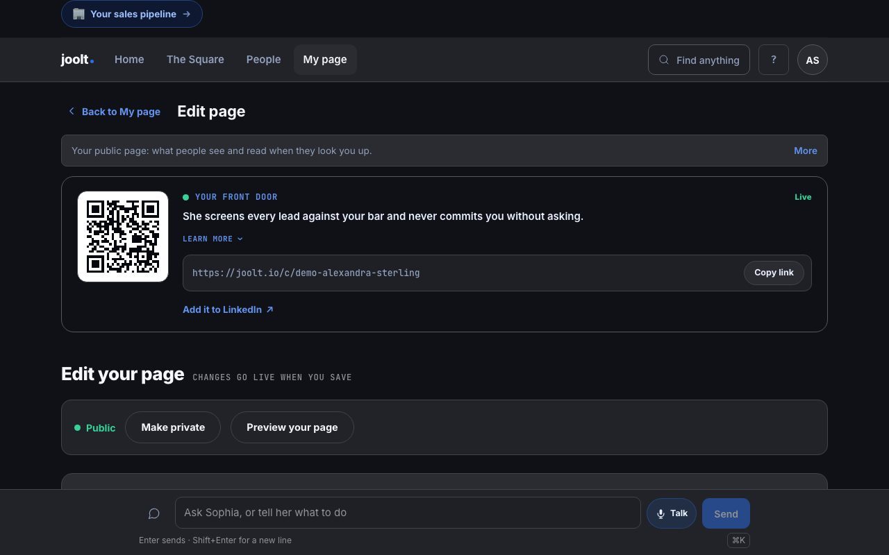 Edit page: Your public page: what people see and read when they look you up.